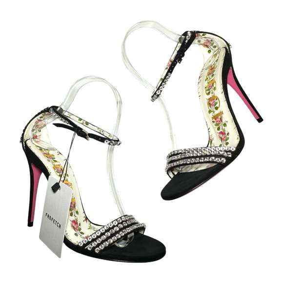 GUCCI Kid Scamosciato Crystal Ankle Strap High Heel Suede Sandals size 37.5 - Picture 12 of 16